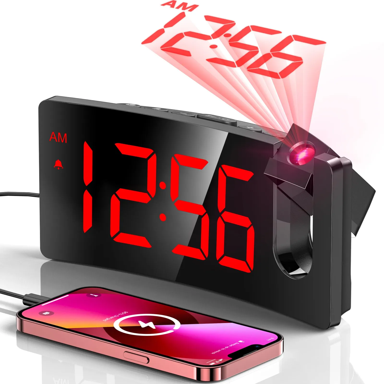 GOLOZA Projection Alarm Clock with Curved LED Display: gOLOZA projection alarm clock, red digits, projecting the time upward